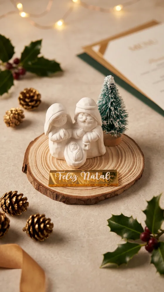 Mini presépio em gesso branco sobre uma fatia de tronco, com uma placa dourada onde se lê Feliz Natal, um pinheiro nevado, pinhas douradas e ramos de azevinho à volta.