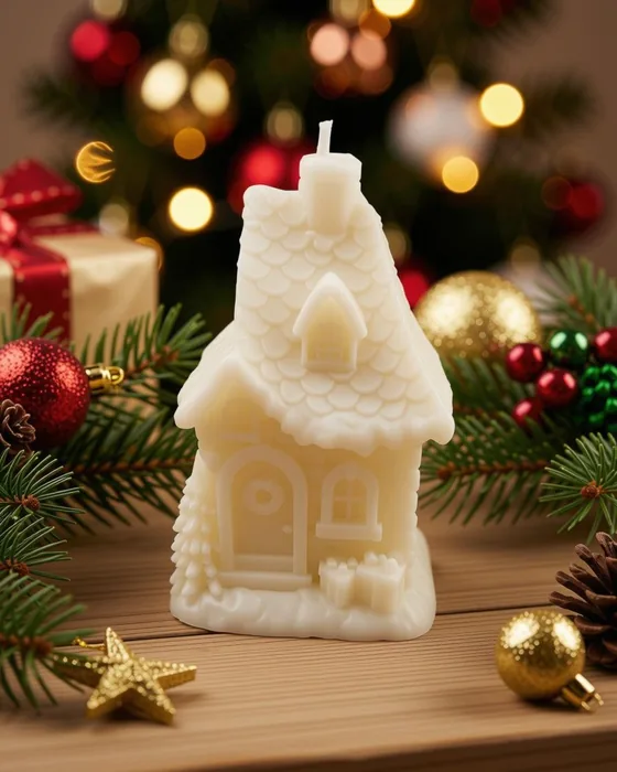 Vela em forma de casinha de aldeia, cera creme, com o telhado em escamas e a chaminé a servir de pavio, entre ramos de pinheiro e bolas de Natal.