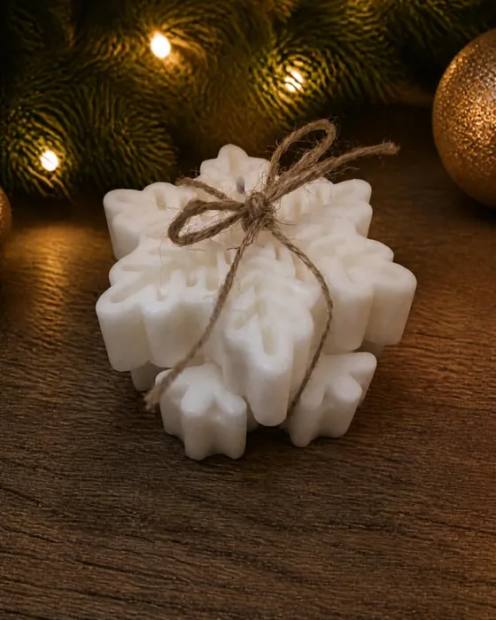 Velas brancas em forma de floco de neve, empilhadas e atadas com fio de sisal, sobre madeira, com luzes quentes ao fundo.