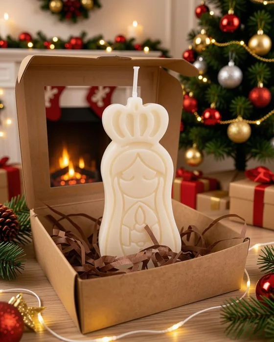 Vela em forma de Nossa Senhora, cera creme, com a coroa e o manto em relevo, dentro de uma caixa de cartão com enchimento de papel.