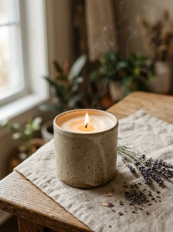 Vela acesa num copo de cerâmica malhada, pousada sobre um pano de linho numa mesa de madeira, com raminhos de lavanda ao lado e luz de janela por trás.